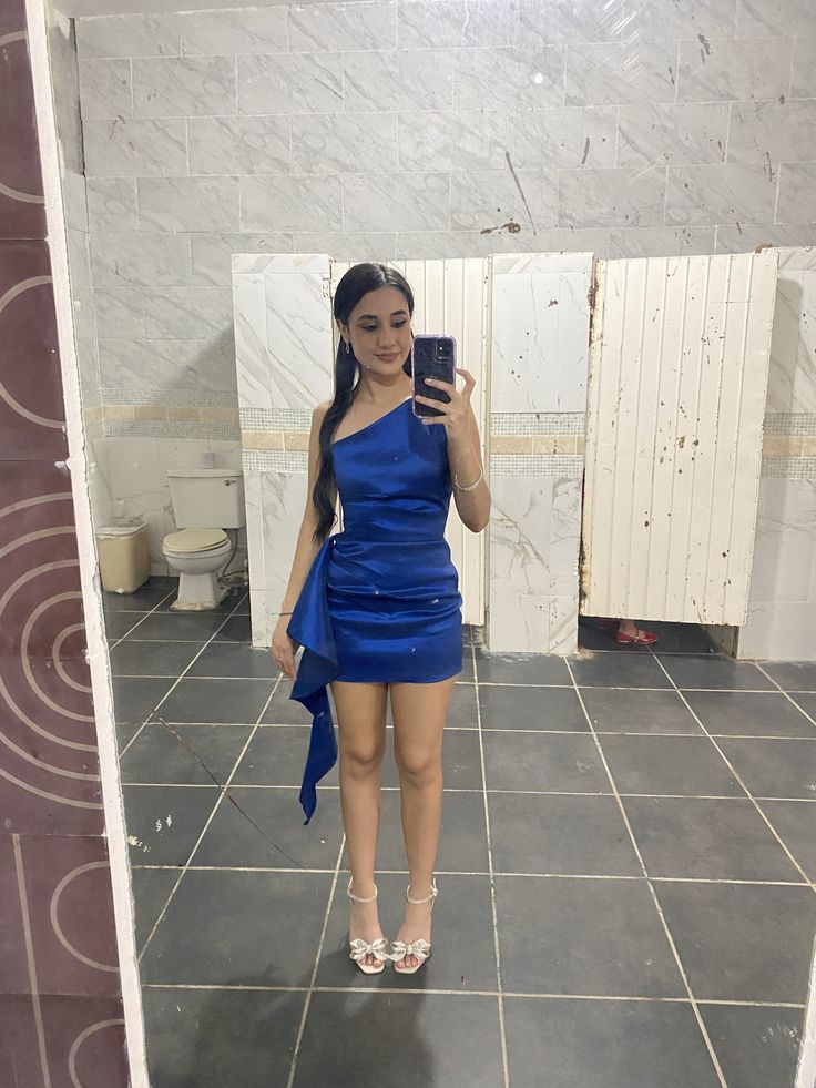 One Shoulder Royal Blue Satin Sheath Homecoming Dress  J11317