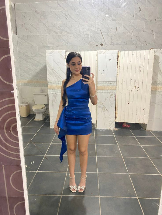 One Shoulder Royal Blue Satin Sheath Homecoming Dress  J11317
