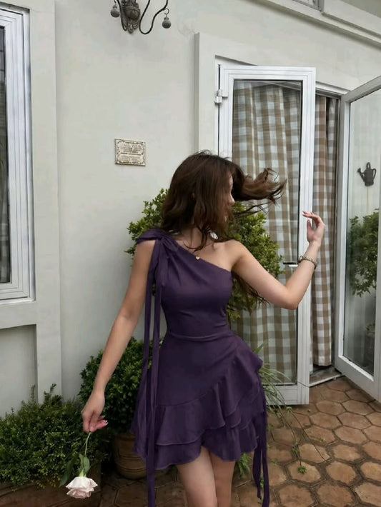 One Shoulder Ruffled Purple Chiffon Homecoming Dress  J11052