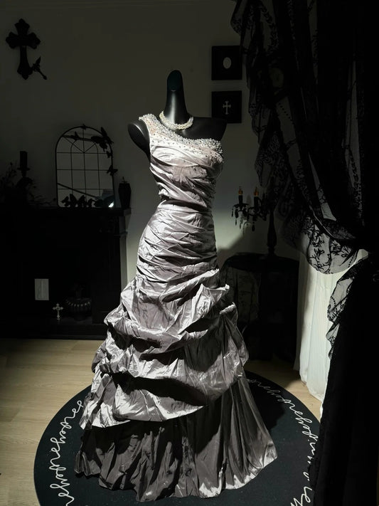 Robe de bal bustier violette en satin avec appliques, robe de soirée formelle J9413
