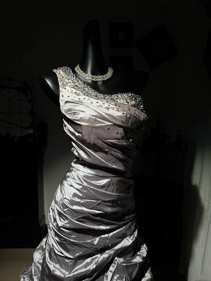 Robe de bal bustier violette en satin avec appliques, robe de soirée formelle J9413