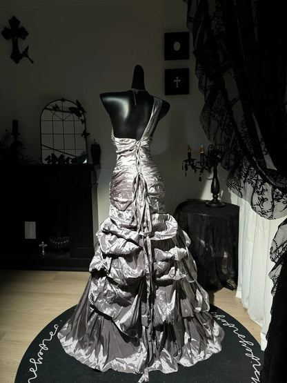 Robe de bal bustier violette en satin avec appliques, robe de soirée formelle J9413