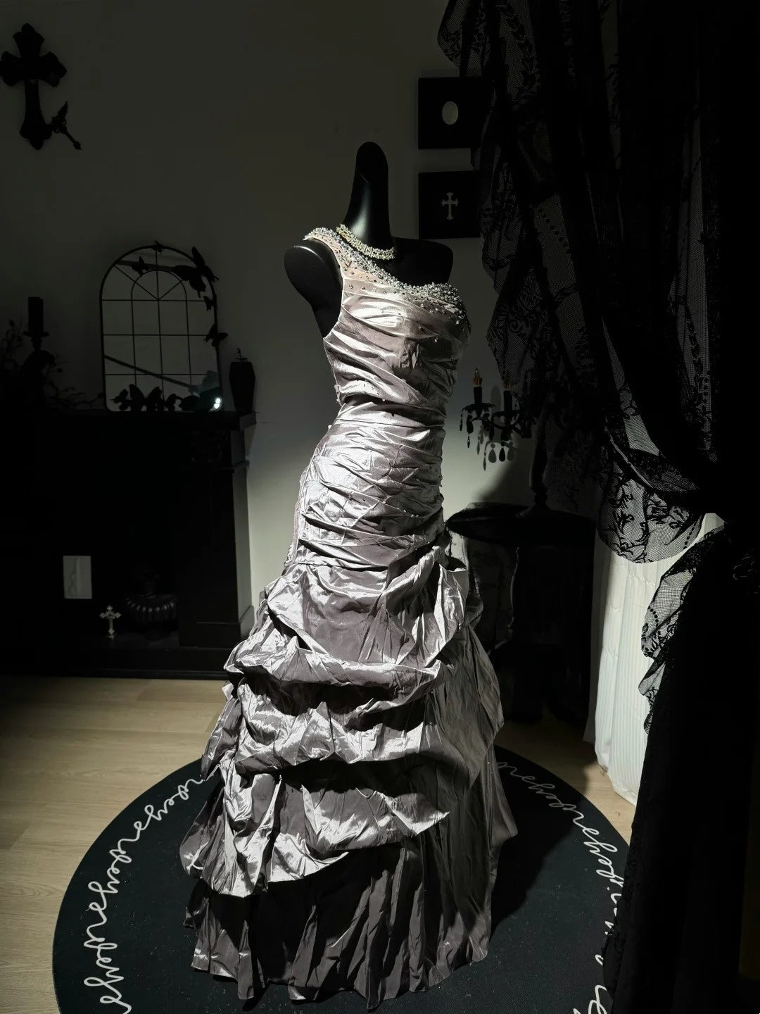 Robe de bal bustier violette en satin avec appliques, robe de soirée formelle J9413