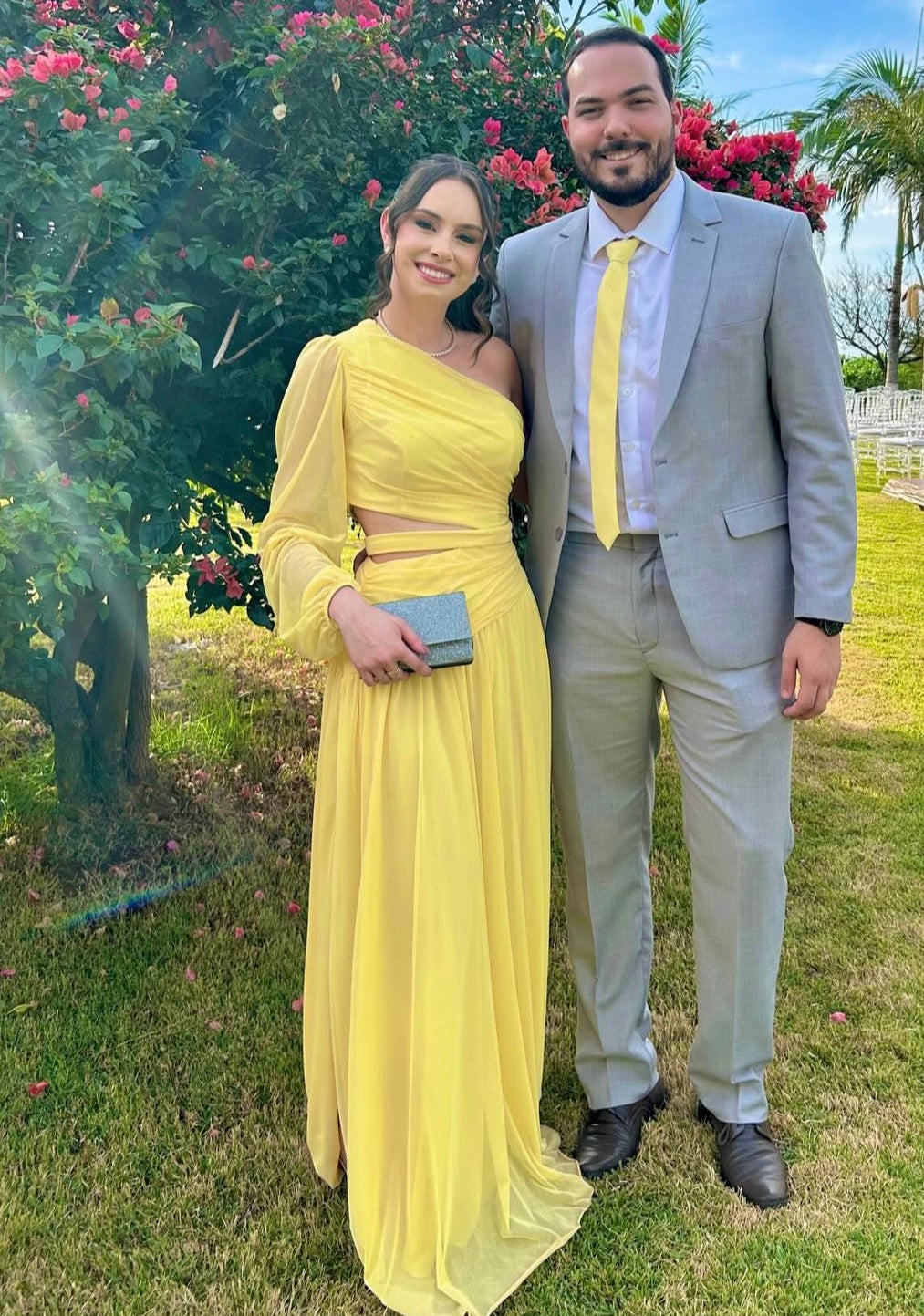One Shoulder Yellow Chiffon Wedding Guest Dress  J9949