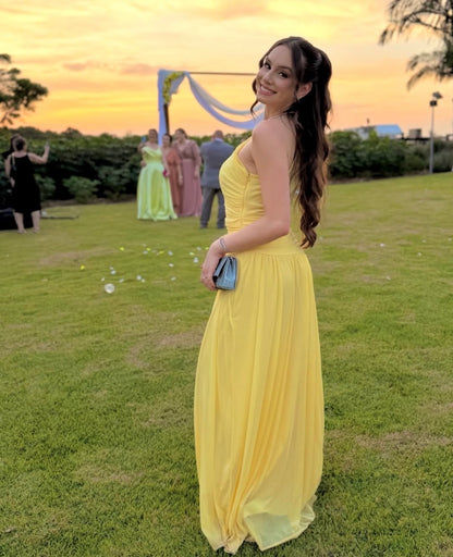 One Shoulder Yellow Chiffon Wedding Guest Dress  J9949