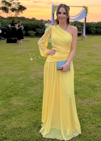 One Shoulder Yellow Chiffon Wedding Guest Dress  J9949