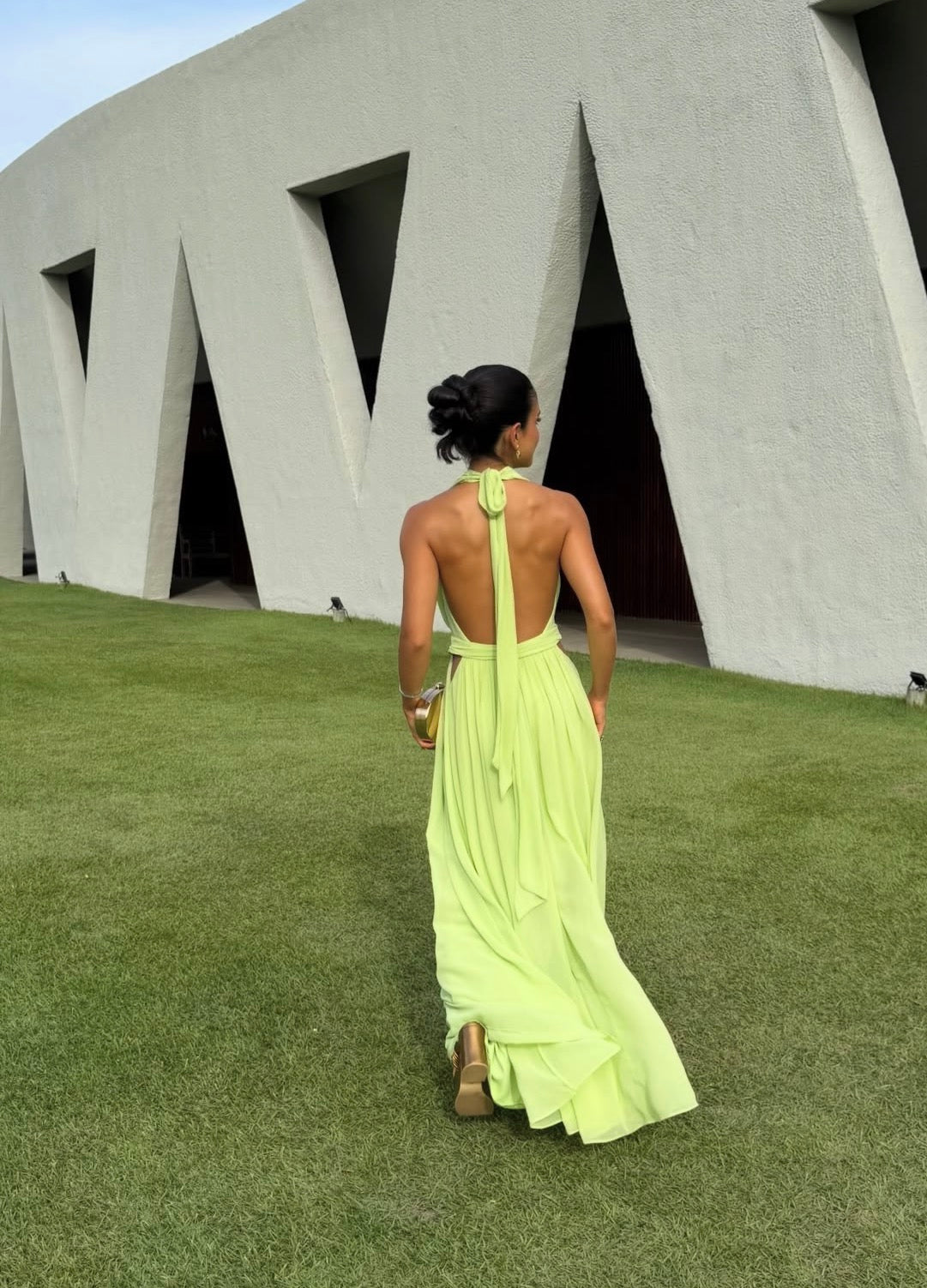Open Back Green Chiffon Wedding Guest Dress  J9947