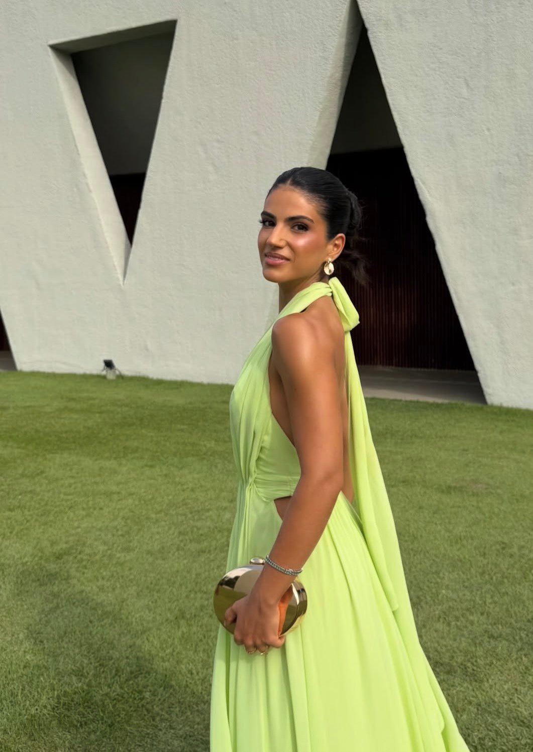 Open Back Green Chiffon Wedding Guest Dress  J9947