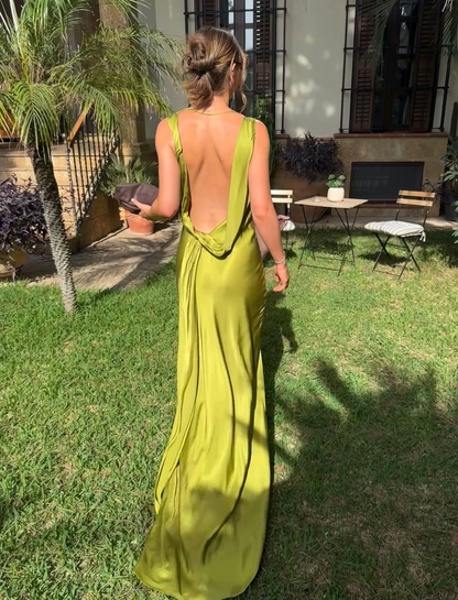 Open Back Green Satin Formal Prom Dress Wedding Guest Dress  J12078