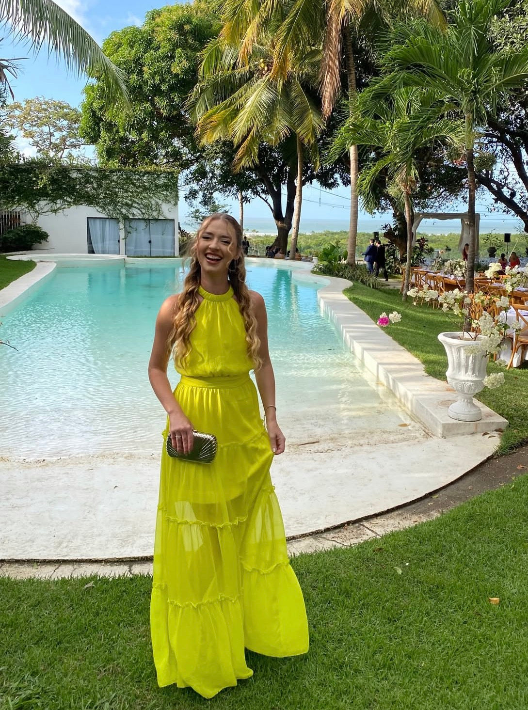 Open Back Halter A Line Yellow Wedding Guest Dress  J10045
