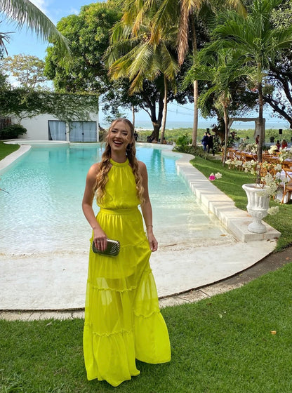 Open Back Halter A Line Yellow Wedding Guest Dress  J10045