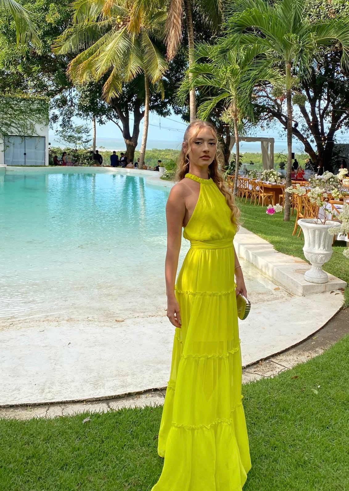 Open Back Halter A Line Yellow Wedding Guest Dress  J10045