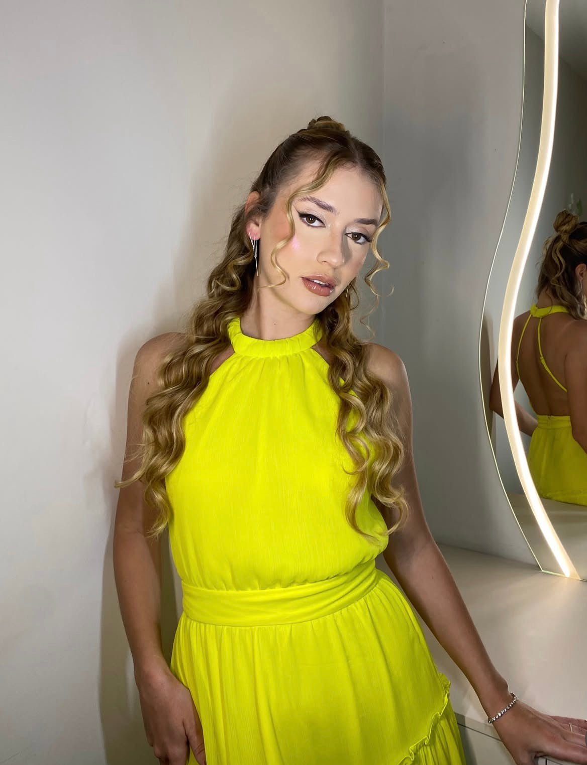 Open Back Halter A Line Yellow Wedding Guest Dress  J10045