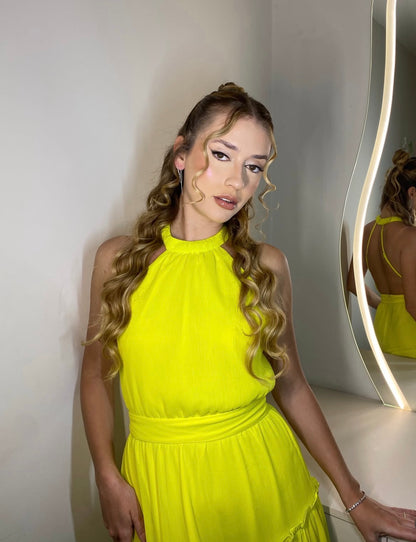 Open Back Halter A Line Yellow Wedding Guest Dress  J10045