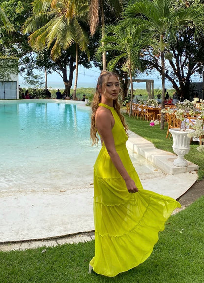 Open Back Halter A Line Yellow Wedding Guest Dress  J10045