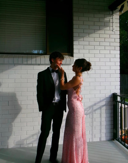 Open Back Pink Sequin Formal Prom Dress Sexy Evening Gown  J11783