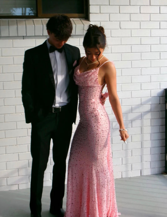 Open Back Pink Sequin Formal Prom Dress Sexy Evening Gown  J11783