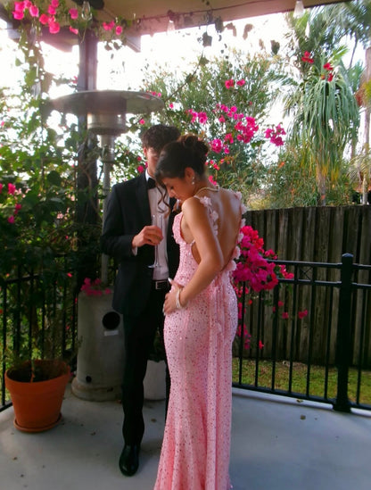 Open Back Pink Sequin Formal Prom Dress Sexy Evening Gown  J11783