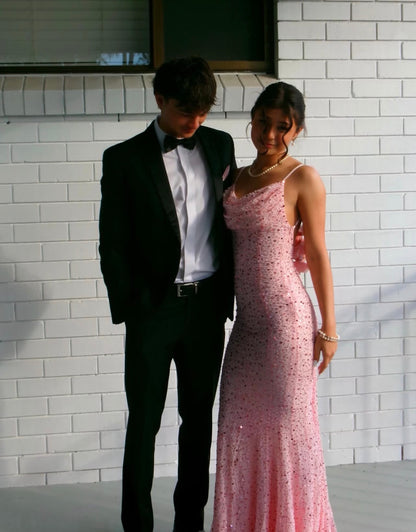 Open Back Pink Sequin Formal Prom Dress Sexy Evening Gown  J11783
