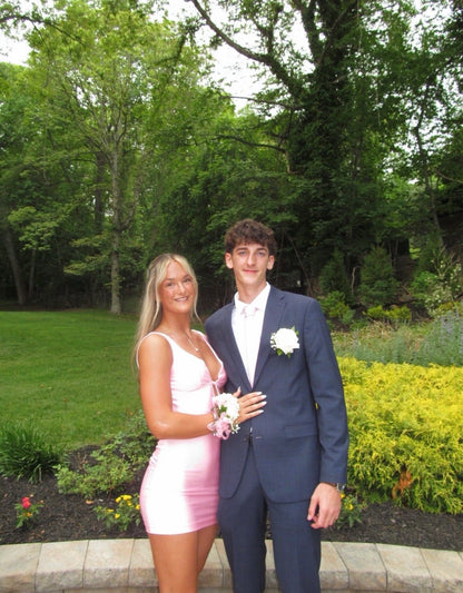 Open Back V Neck Pink Satin Homecoming Dress  J10724
