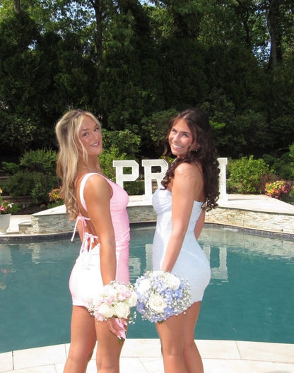 Open Back V Neck Pink Satin Homecoming Dress  J10724