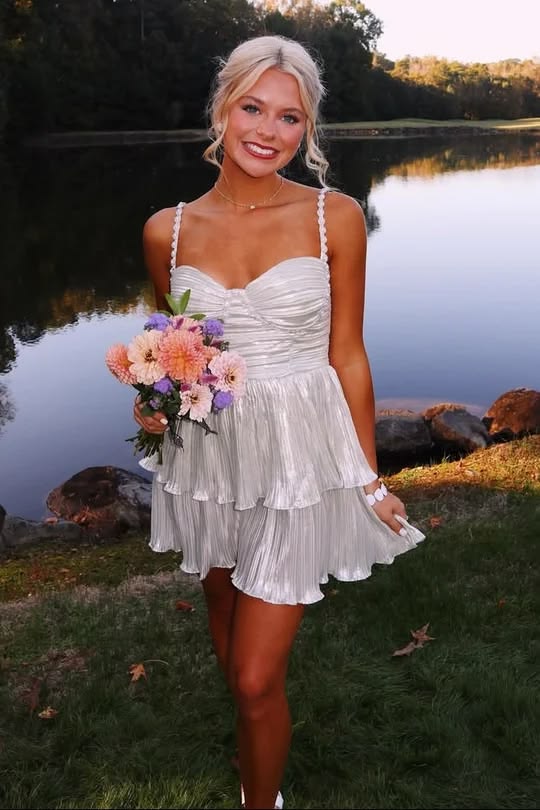 Pearl Beaded Straps Pleated Homecoming Dress  J11616
