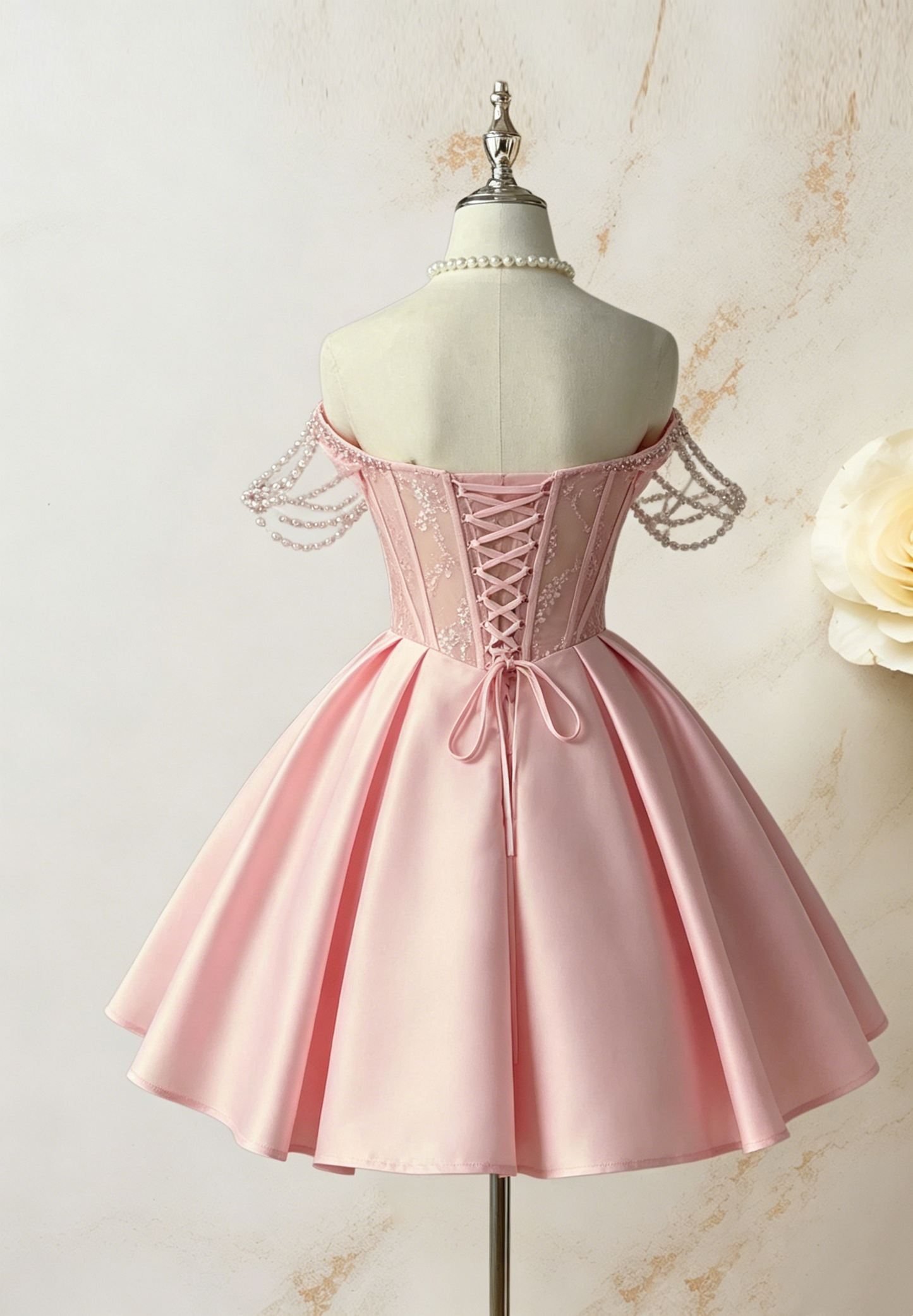 Pearl Straps Pink A Line Birthday Dress Satin Short Party Dress J10241