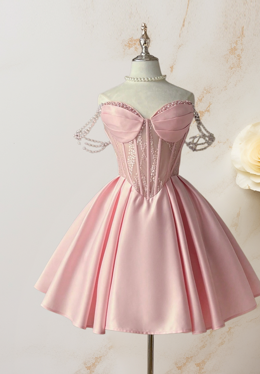 Pearl Straps Pink A Line Birthday Dress Satin Short Party Dress J10241