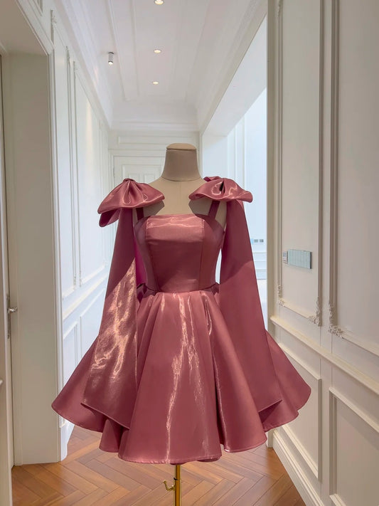 Pink A Line Homecoming Dress Mini Birthday Dress With Bow Straps  J10278