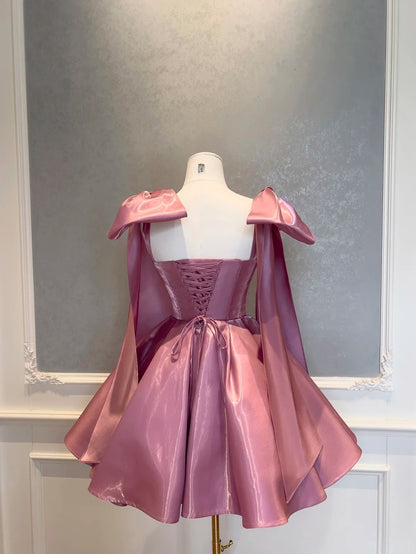 Pink A Line Homecoming Dress Mini Birthday Dress With Bow Straps  J10278