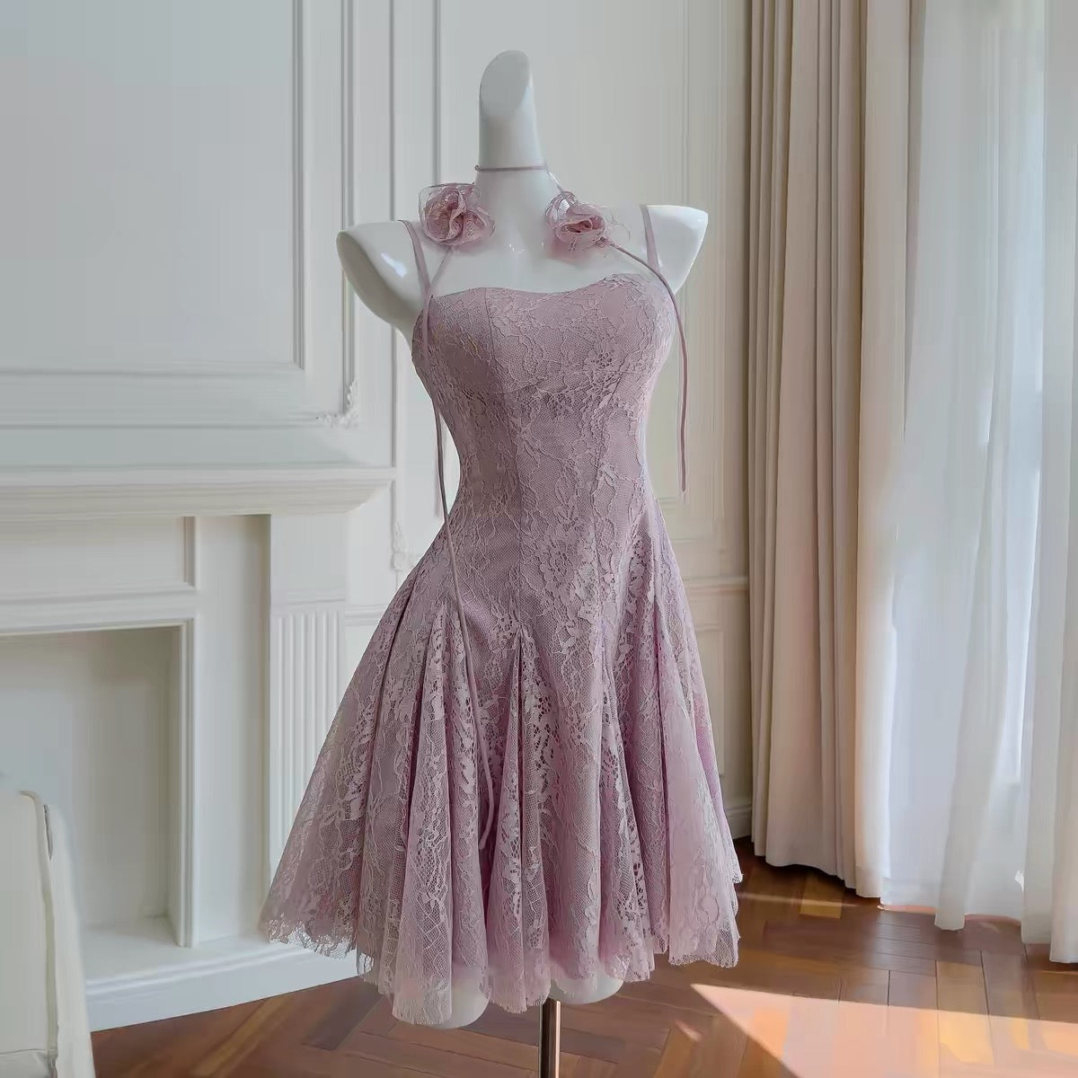 Rosa Spitze Homecoming Kleid Spaghettiträger Geburtstagskleid J7621