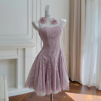 Rosa Spitze Homecoming Kleid Spaghettiträger Geburtstagskleid J7621