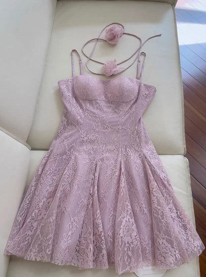 Rosa Spitze Homecoming Kleid Spaghettiträger Geburtstagskleid J7621