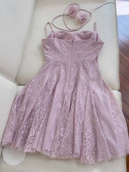 Rosa Spitze Homecoming Kleid Spaghettiträger Geburtstagskleid J7621