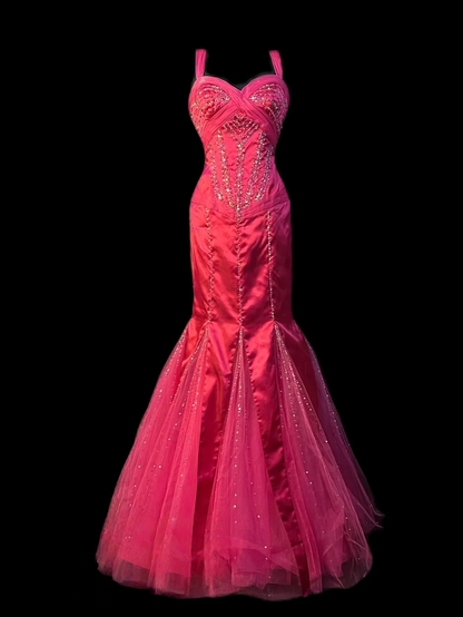 Pink Mermaid Satin Prom Dress Sequins Formal Evening Gown  J10126
