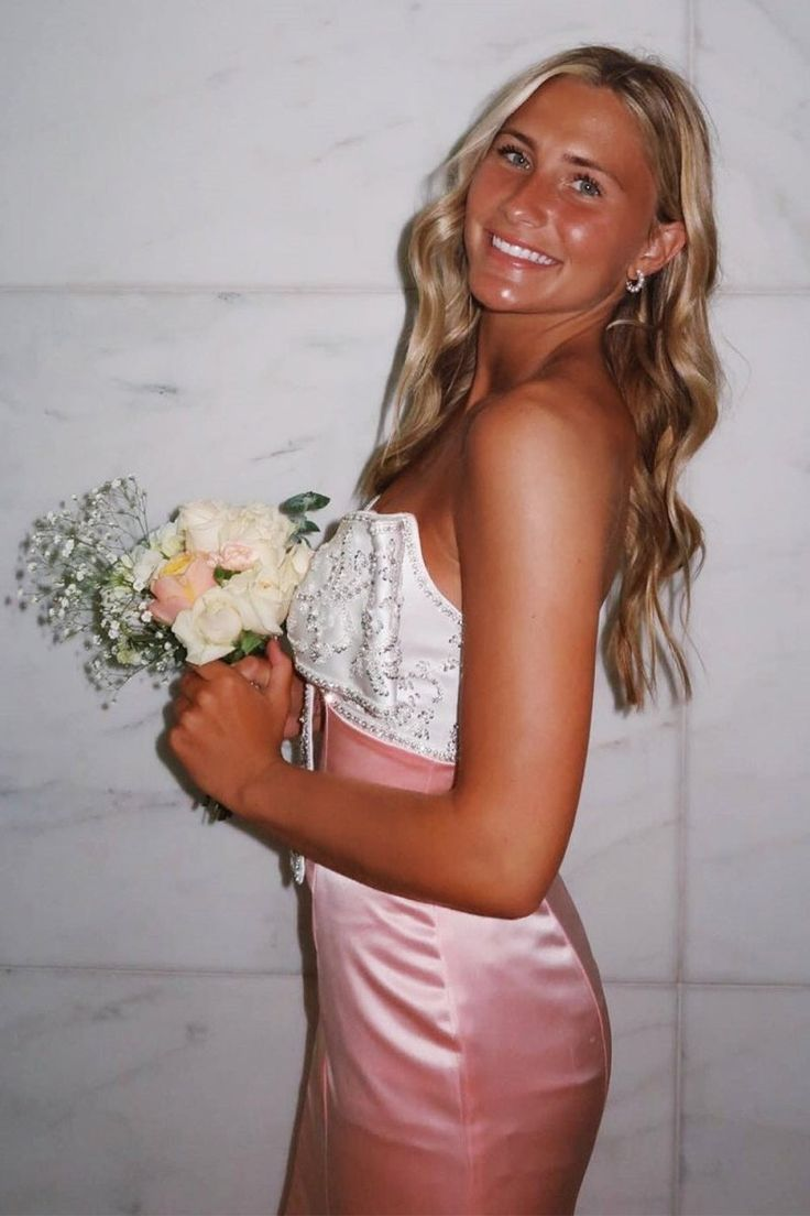 Pink Mermaid Strapless Satin Long Prom Dresses With Beaded Bow  J9659