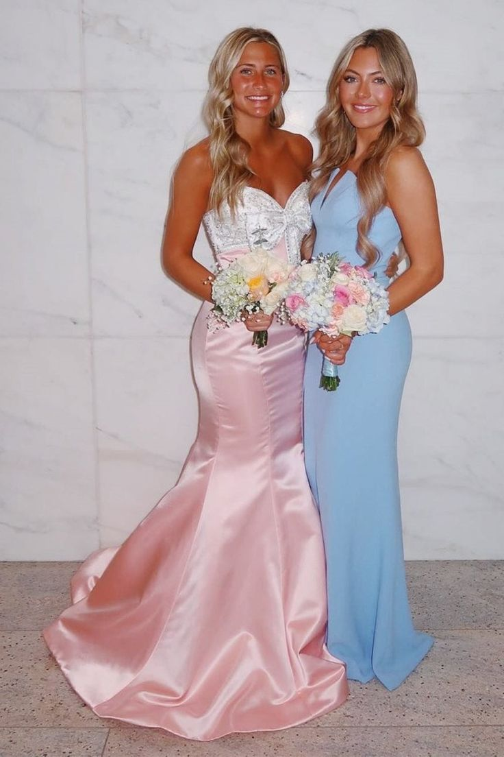 Pink Mermaid Strapless Satin Long Prom Dresses With Beaded Bow  J9659