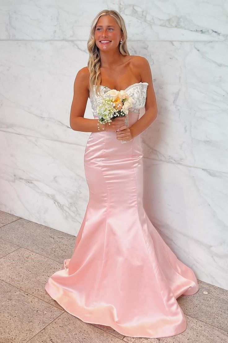 Pink Mermaid Strapless Satin Long Prom Dresses With Beaded Bow  J9659