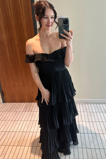 Pink Off-Shoulder A-Line Pleated Ruffles Long Formal Prom Dress J9759