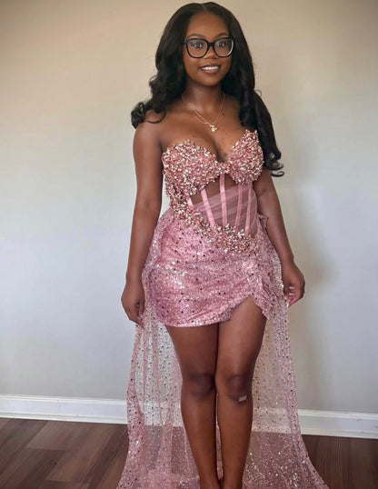 Pink Sequin Birthday Dress Beaded Homecoming Dress  J12126