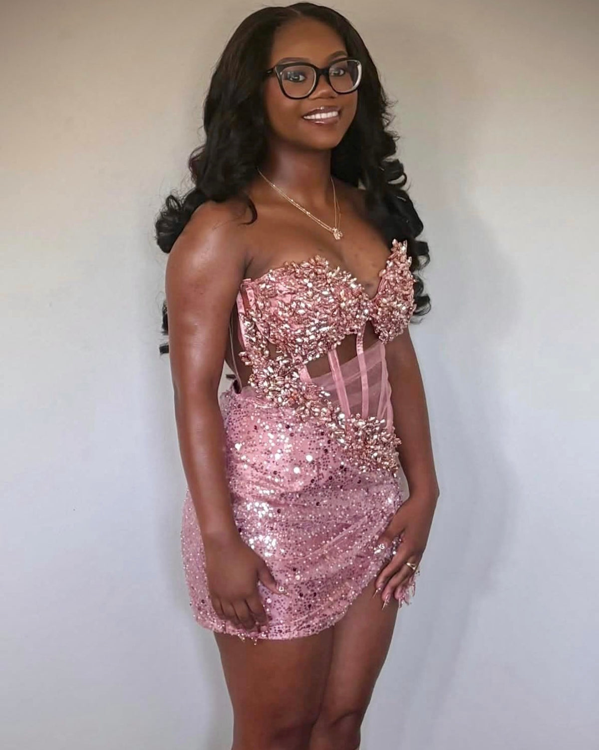 Pink Sequin Birthday Dress Beaded Homecoming Dress  J12126