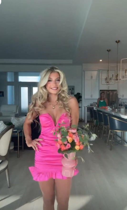 Pink Sheath Satin Homecoming Dress Ruffled Cocktail Dress  J11506