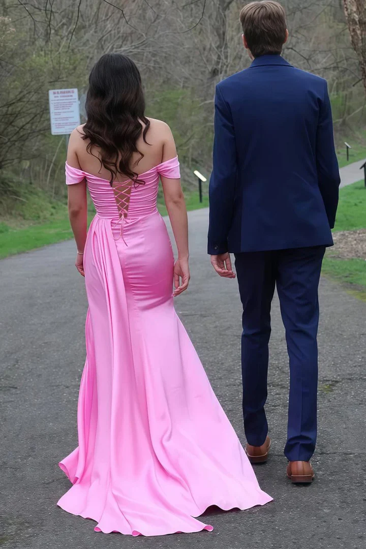 Pink Mermaid Off The Shoulder Satin Beaded Long Prom Dresses With Slit J9636