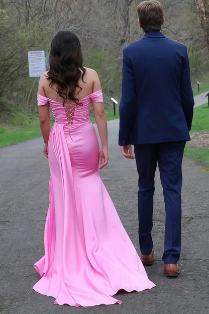 Pink Mermaid Off The Shoulder Satin Beaded Long Prom Dresses With Slit J9636