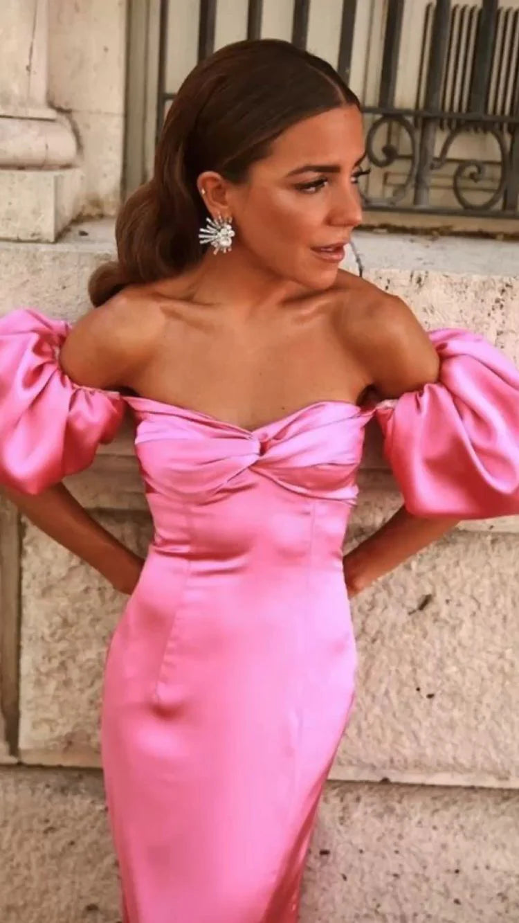 Robe de soirée fourreau rose longue en satin à épaules dénudées 2371