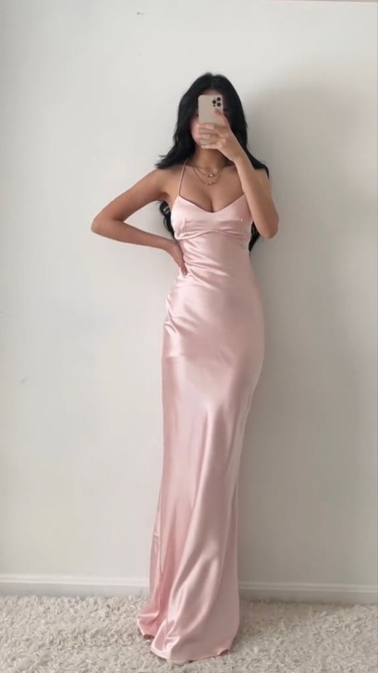 Pink Sheath Long Prom Dresses Sheath Backless Satin Party Gown Evening Dress 2271