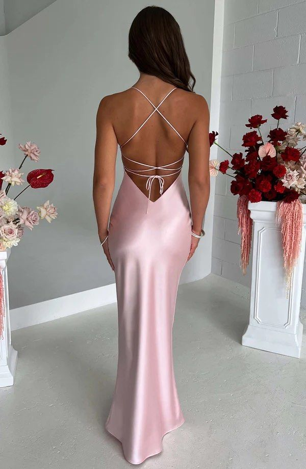 Pink Sheath Long Prom Dresses Sheath Backless Satin Party Gown Evening – JulyProm