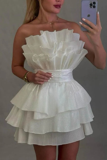 Pleated A Line White Graduation Dress Layered Birthday Dress J10356