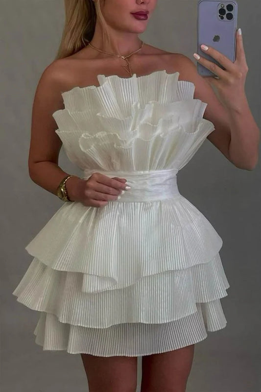 Pleated A Line White Graduation Dress Layered Birthday Dress J10356