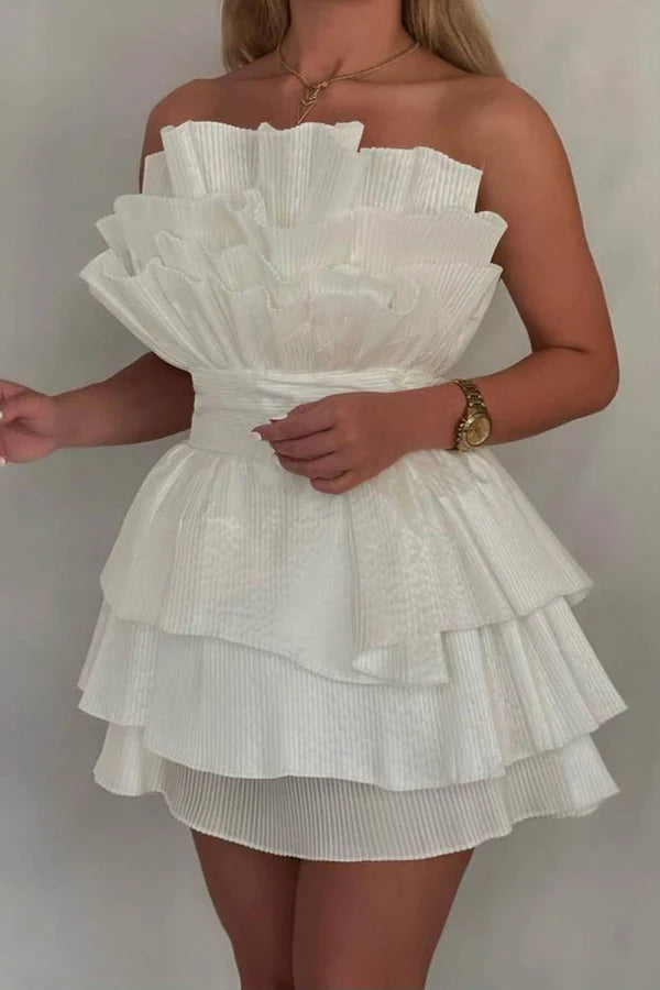 Pleated A Line White Graduation Dress Layered Birthday Dress J10356